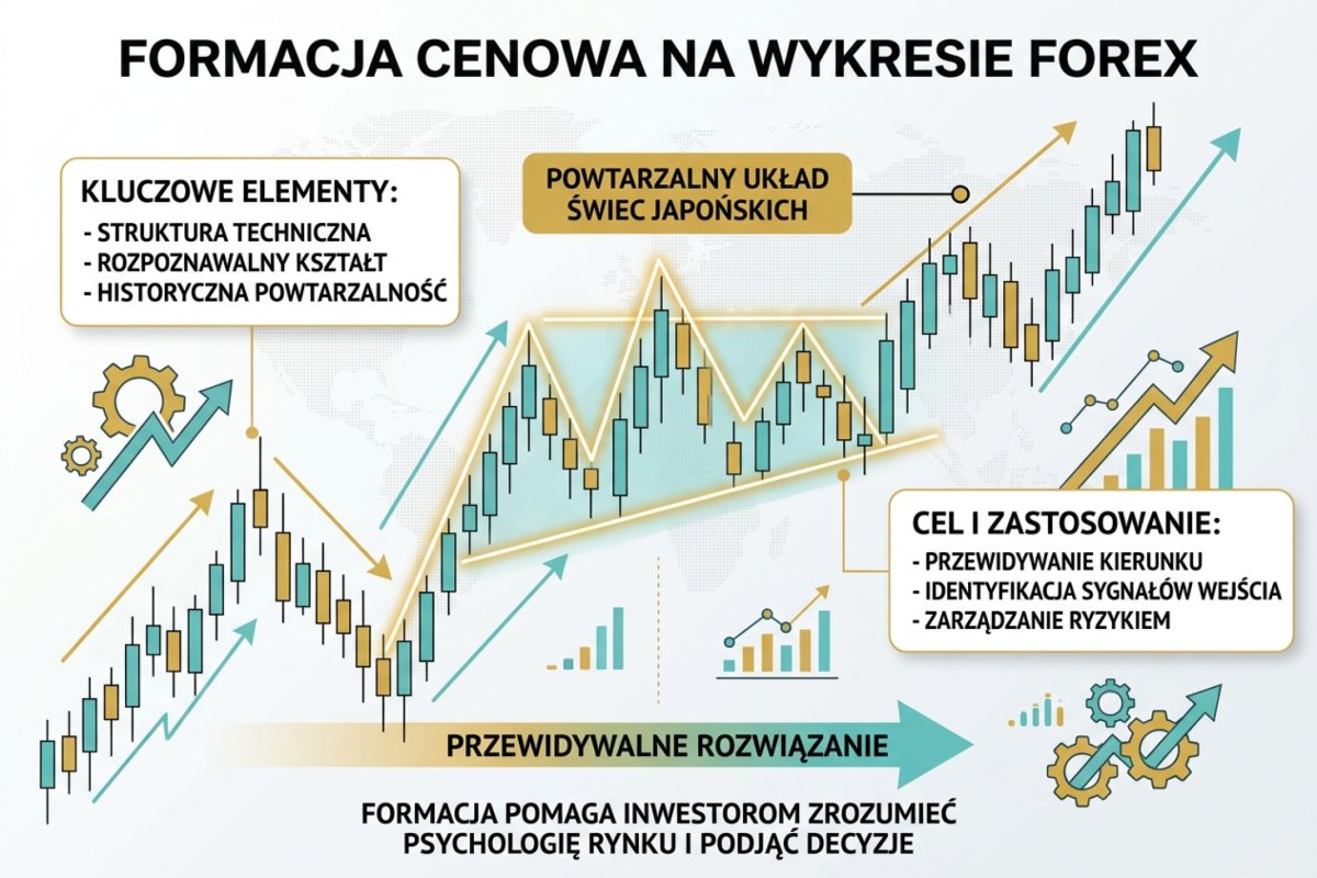 Formacja cenowa na wykresie — powtarzalny układ świec tworzący rozpoznawalną strukturę z historyczną tendencją do przewidywalnego rozwiązania