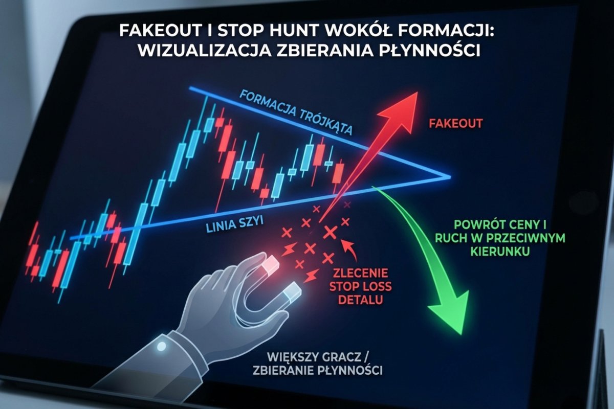 Fakeout i stop hunt wokół formacji — cena przebija neckline/linię trójkąta, aktywuje stop lossy detalu, a następnie wraca i rusza w przeciwnym kierunku; wizualizacja zbierania płynności przez większego gracza