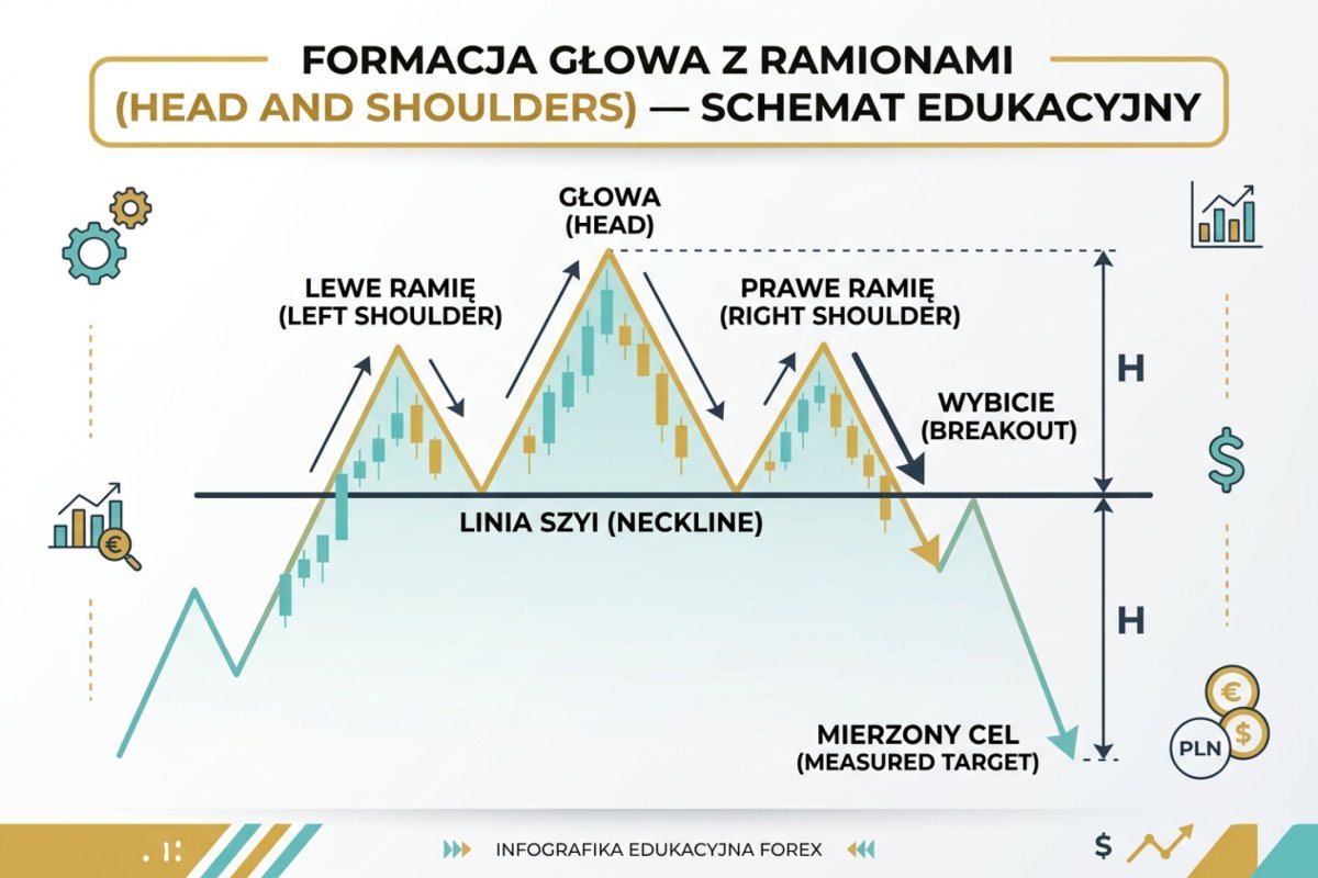 Formacja Głowa z Ramionami (Head and Shoulders) — schemat z zaznaczoną linią szyi neckline, ramionami, głową i mierzonym celem po wybiciu