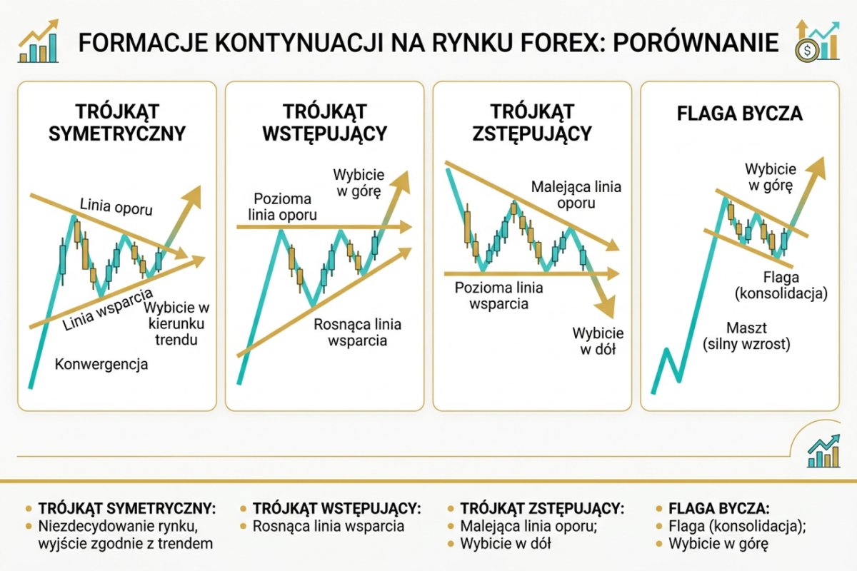 Trójkąt symetryczny, wstępujący i zstępujący oraz flaga bycza — porównanie formacji kontynuacji na wykresie cenowym