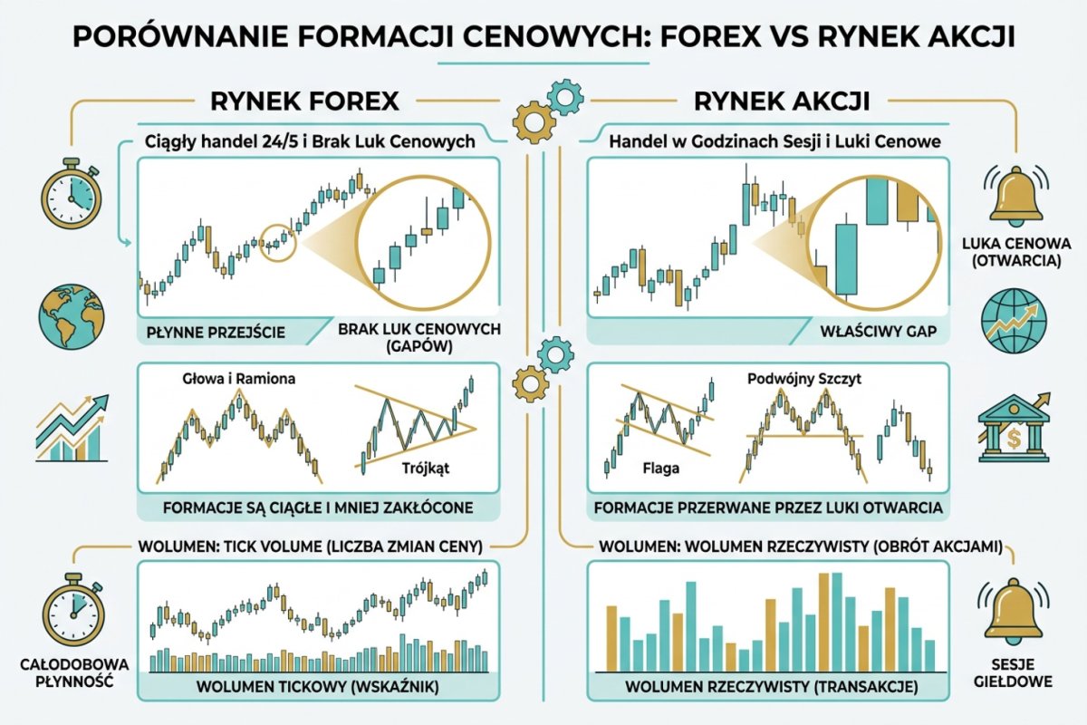 Formacje cenowe na Forex vs na rynku akcji — brak luk cenowych, ciągły handel 24/5, tick volume zamiast wolumenu rzeczywistego
