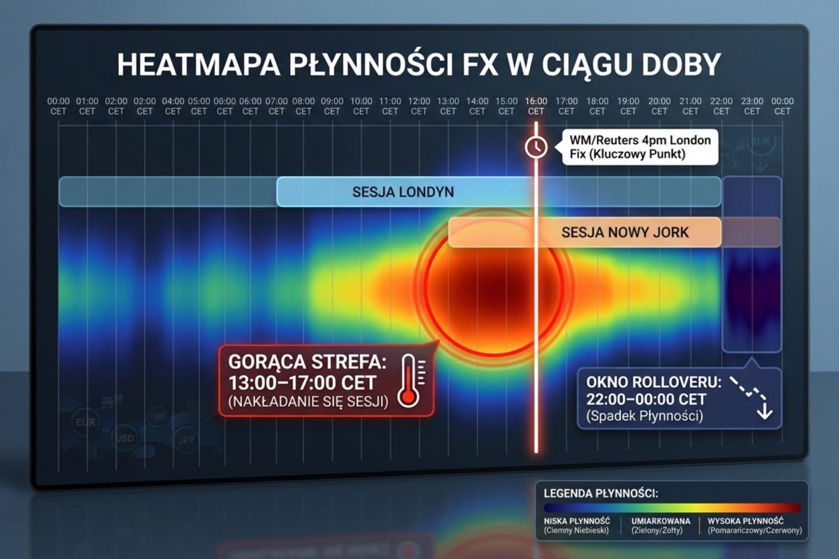 Heatmapa płynności FX w ciągu doby — nakładanie się sesji Londyn/Nowy Jork z gorącą strefą 13:00–17:00 CET, linia pionowa na 16:00 oznaczająca WM/Reuters 4pm London Fix i spadek płynności w oknie rolloveru 22:00–00:00 CET