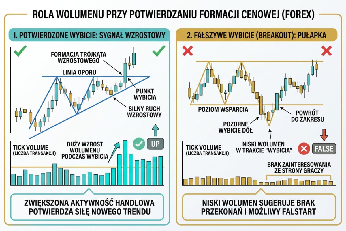 Rola wolumenu przy potwierdzaniu formacji cenowej — wzrost tick volume podczas wybicia vs niski wolumen przy fałszywym breakout