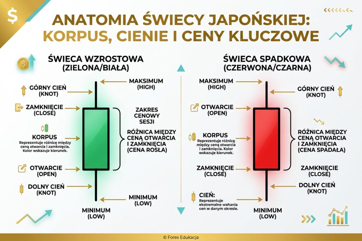 Anatomia świecy japońskiej — korpus, górny i dolny cień, Open, High, Low, Close na świecy wzrostowej i spadkowej z opisami