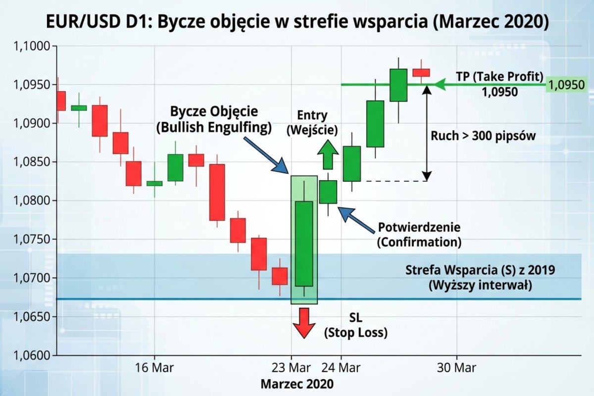 EUR/USD D1, marzec 2020 — bycze objęcie 23 marca w strefie wsparcia z 2019 roku, potwierdzenie 24 marca, ruch o ponad 300 pipsów do 1,0950. Schemat z zaznaczonym entry, SL, TP i oznaczeniem strefy S/R z wyższego interwału