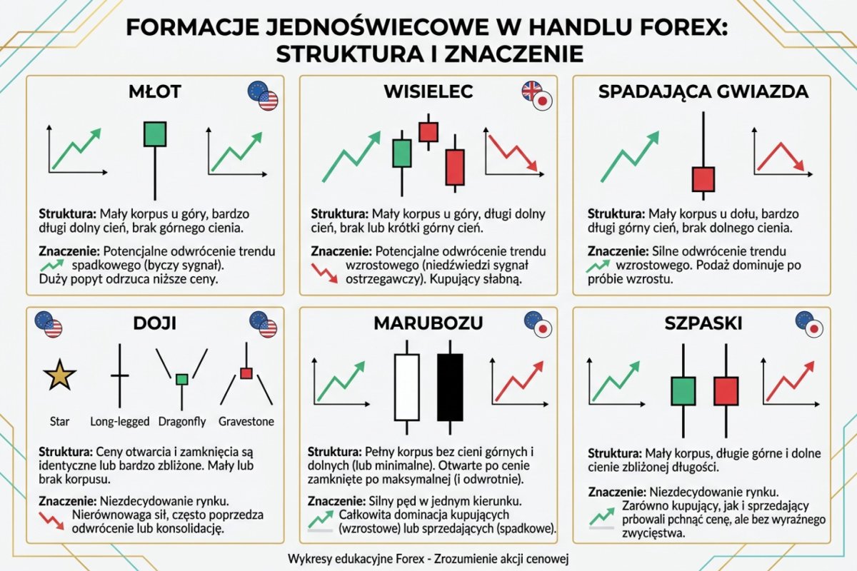 Formacje jednoświecowe — młot, wisielec, doji, spadająca gwiazda, marubozu i spinning top z opisami struktury i znaczenia