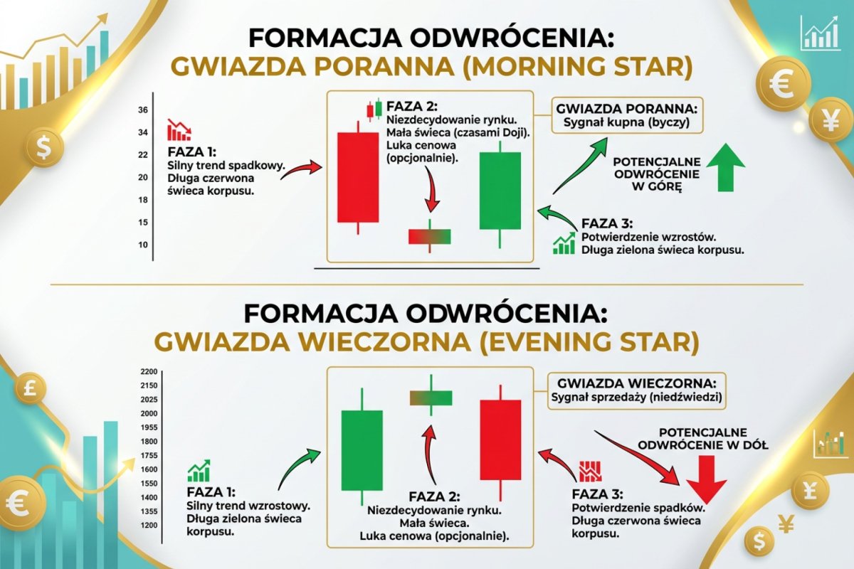 Gwiazda poranna (morning star) i gwiazda wieczorna (evening star) — trzyświecowa formacja odwrócenia z zaznaczonymi trzema fazami