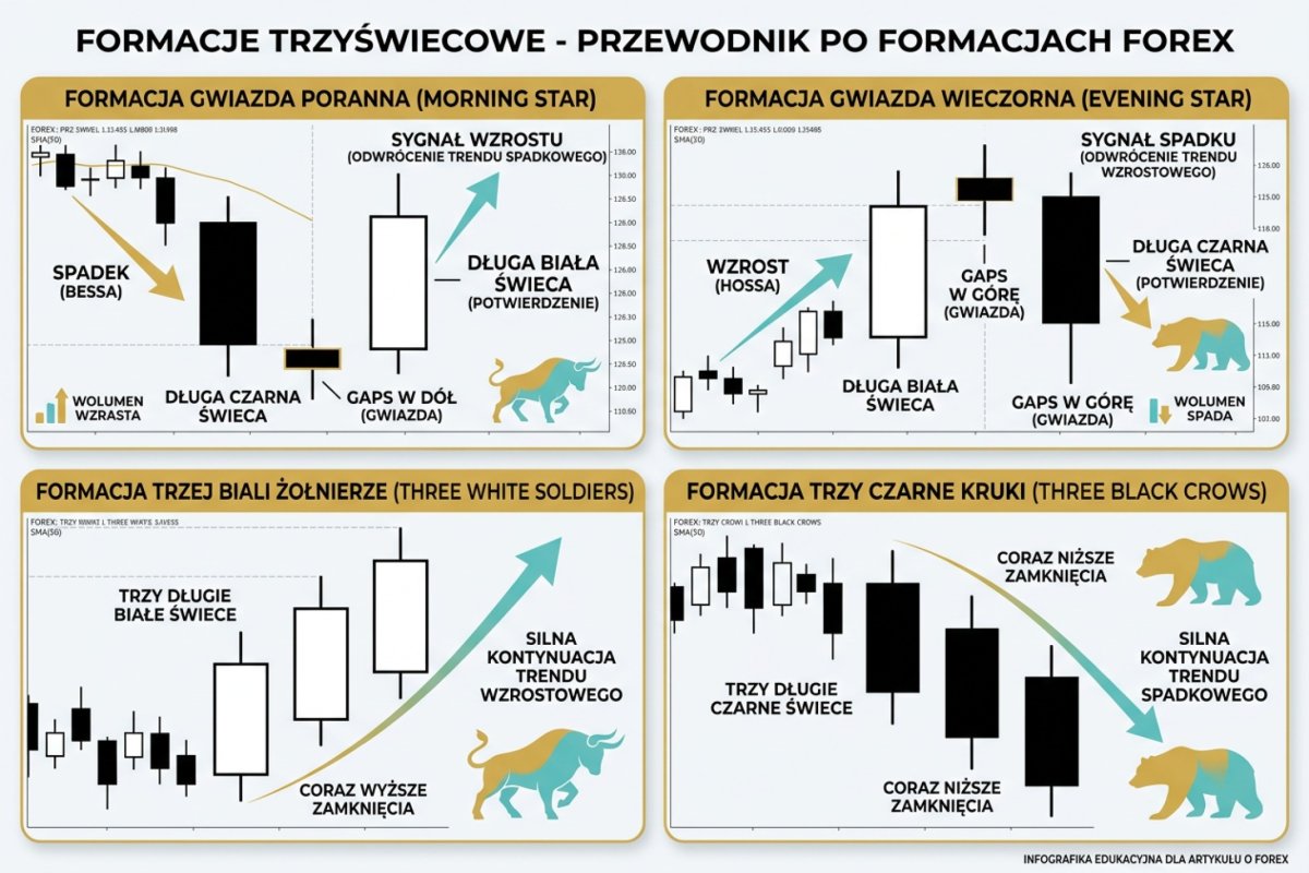 Formacje trzyświecowe — gwiazda poranna (morning star), gwiazda wieczorna, trzej biali żołnierze i trzy czarne kruki na wykresie