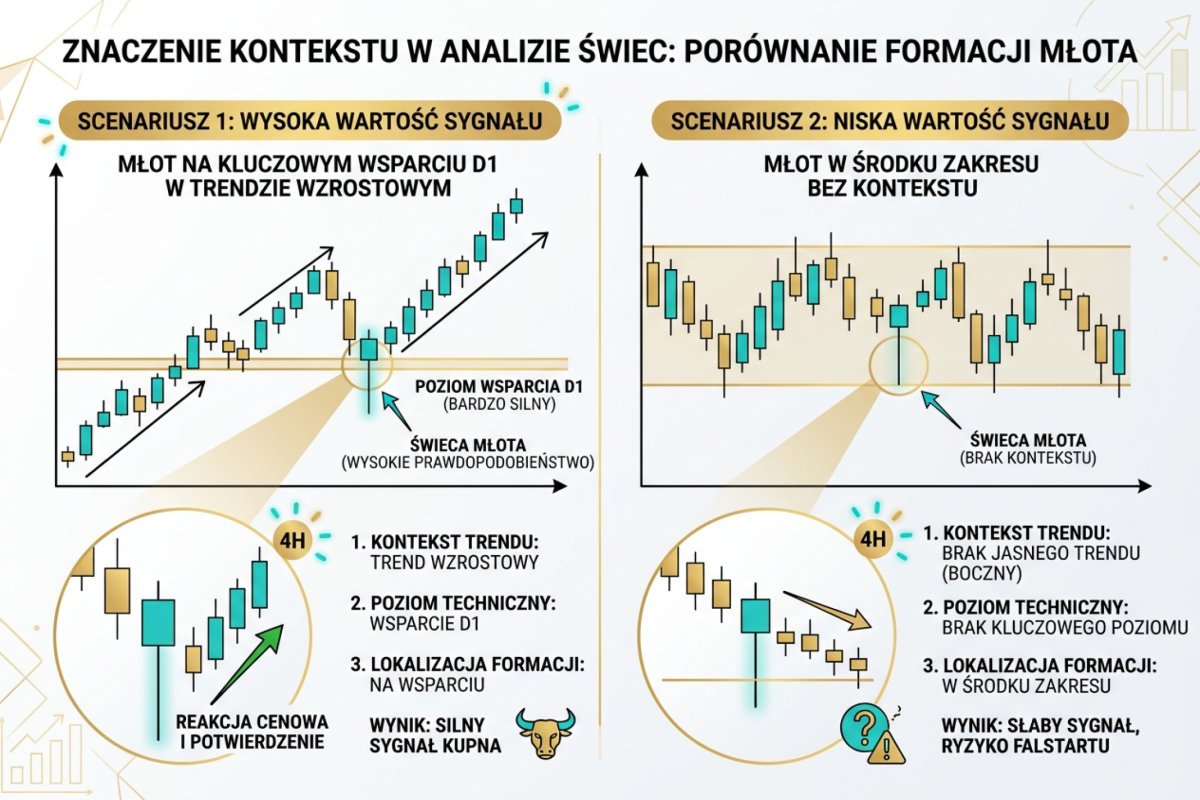 Kontekst formacji świecowej — młot na wsparciu z D1 w trendzie wzrostowym vs młot w środku zakresu bez potwierdzenia, porównanie wartości sygnału