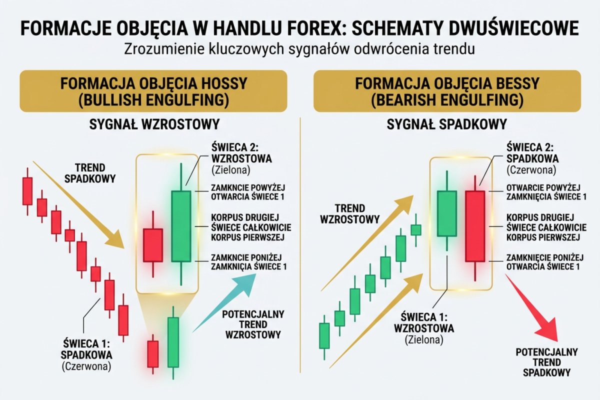 Formacja objęcia hossy (bullish engulfing) i objęcia bessy (bearish engulfing) — schemat dwuświecowy z zaznaczonym kontekstem trendu