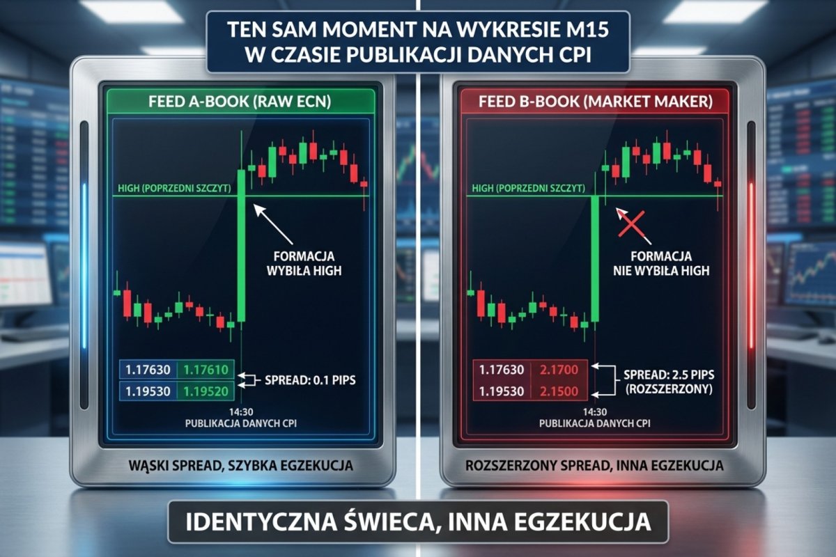 Ten sam moment na wykresie M15 w czasie publikacji danych CPI — po lewej feed A-Book (Raw ECN) z wąskim spreadem, po prawej feed B-Book (Market Maker) z rozszerzonym spreadem. U jednego brokera formacja wybiła High, u drugiego nie — identyczna świeca, inna egzekucja