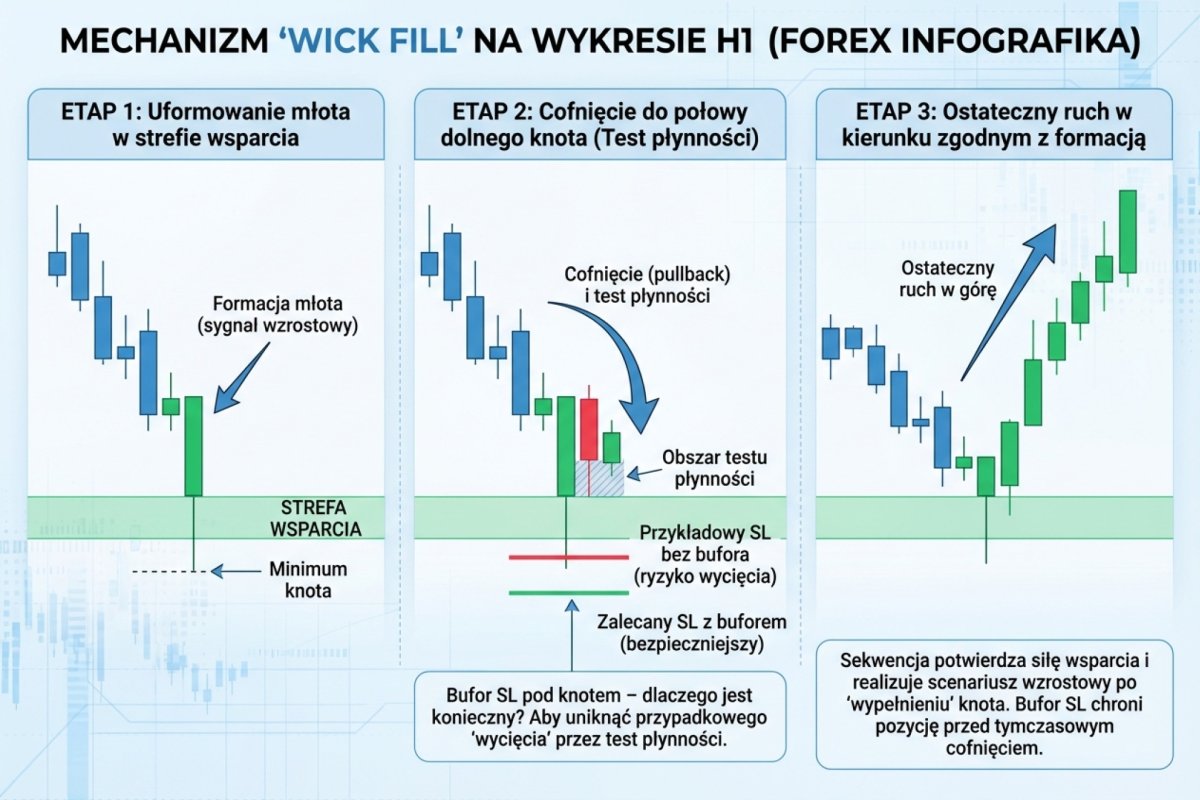 Mechanizm wick fill na wykresie H1 — sekwencja trzech etapów: (1) uformowany młot w strefie wsparcia, (2) cofnięcie do połowy dolnego knota w kolejnych 1–2 świecach (test płynności), (3) ostateczny ruch w kierunku zgodnym z formacją. Wizualizacja, dlaczego bufor SL pod knotem bywa konieczny