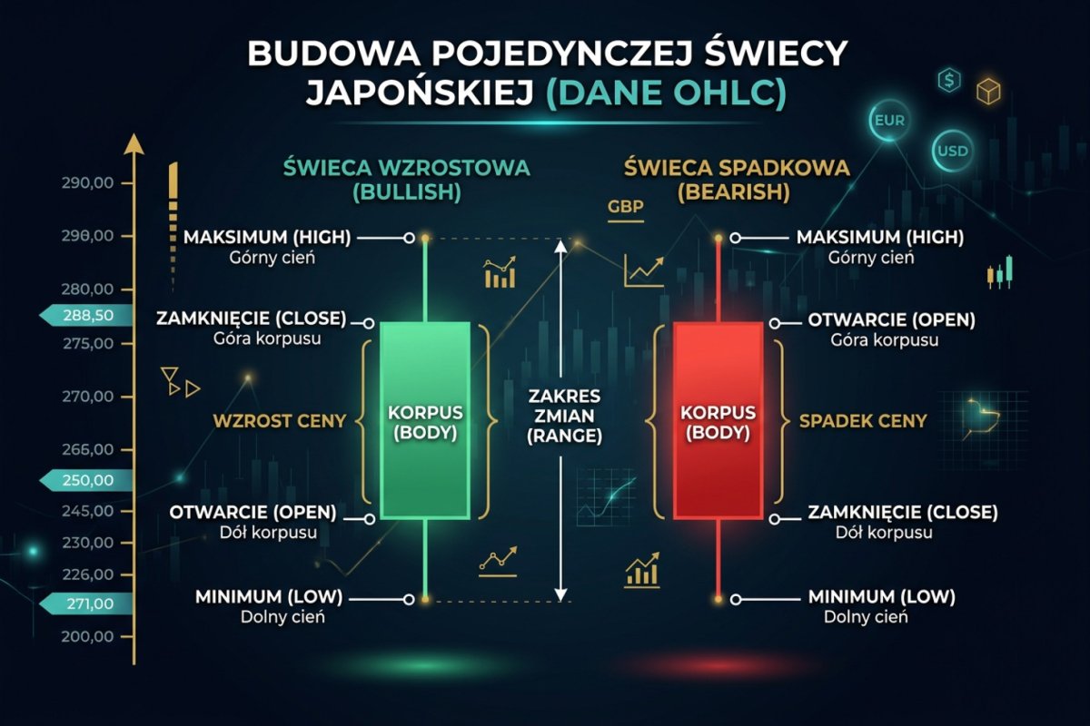 Dane OHLC — budowa pojedynczej świecy japońskiej z oznaczeniem Open, High, Low, Close i korpusu na ciemnym tle edukacyjnym