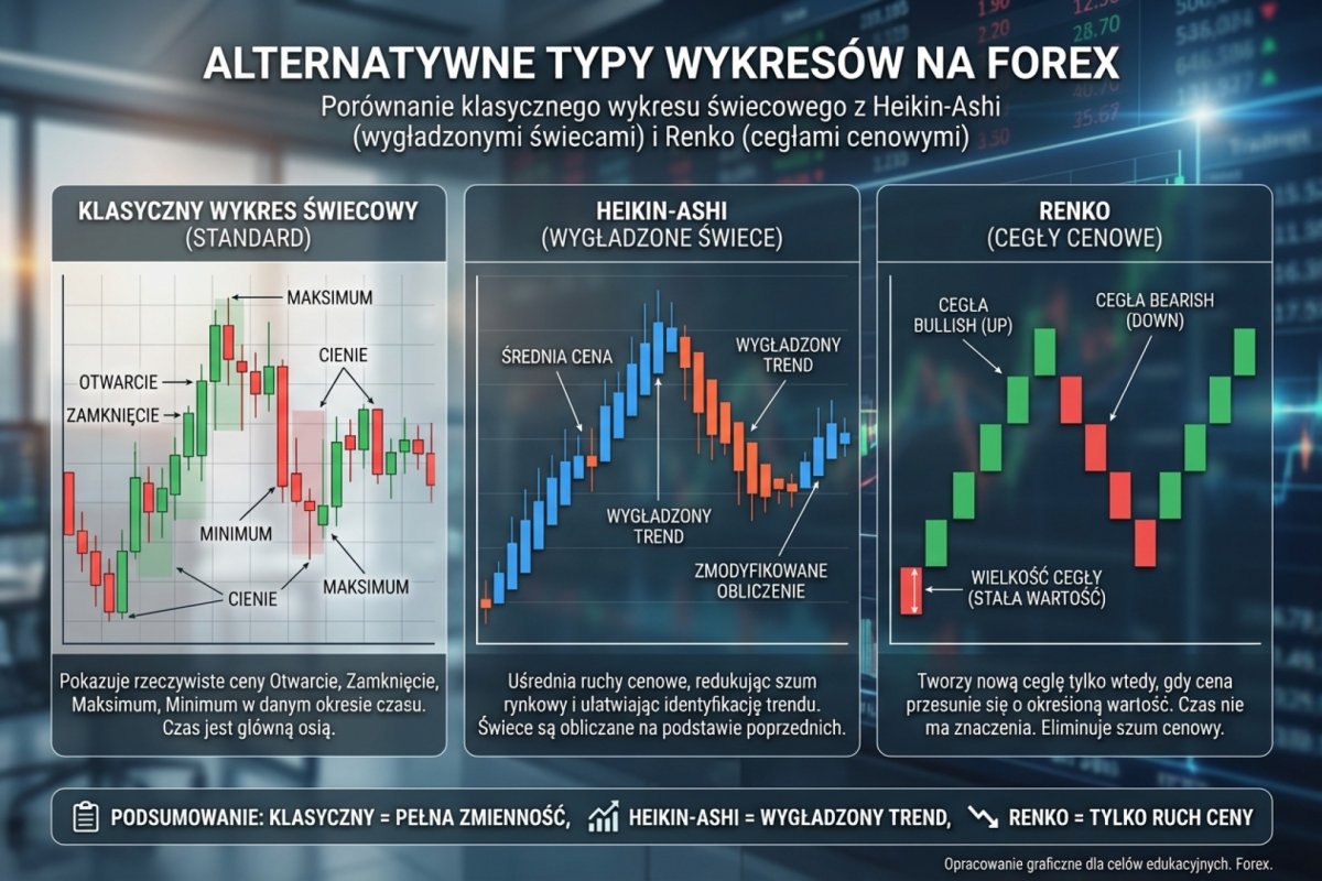 Alternatywne typy wykresów na Forex — Heikin-Ashi z wygładzonymi świecami i Renko z cegłami cenowymi jako porównanie z klasycznym wykresem świecowym