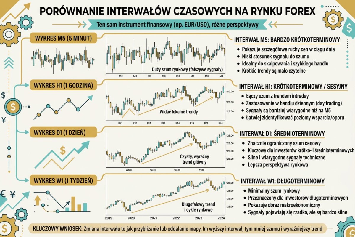 Porównanie interwałów czasowych M5, H1, D1 i W1 na tym samym instrumencie — jak zmiana interwału zmienia obraz trendu i szumu cenowego