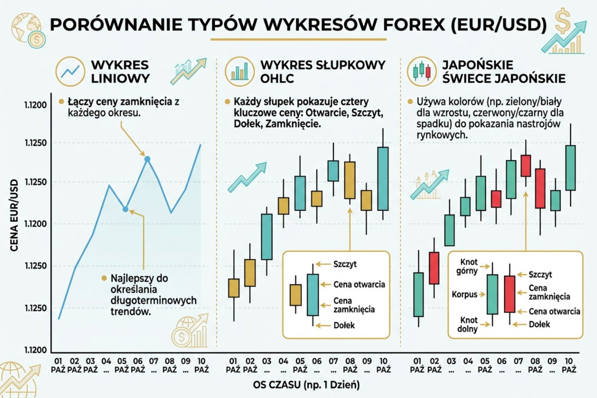 Porównanie trzech typów wykresów — liniowy, słupkowy OHLC i świecowy japoński na tym samym odcinku danych cenowych EUR/USD