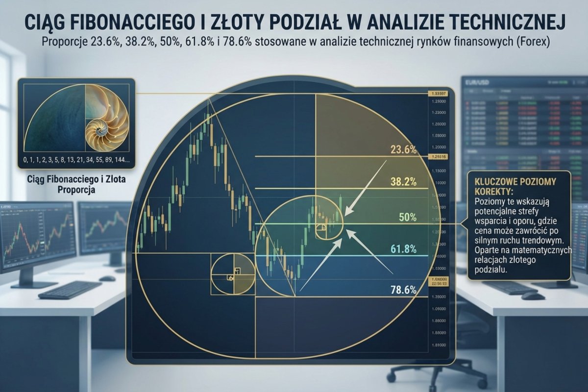 Ciąg Fibonacciego i złoty podział — proporcje 23.6%, 38.2%, 50%, 61.8% i 78.6% stosowane w analizie technicznej rynków finansowych