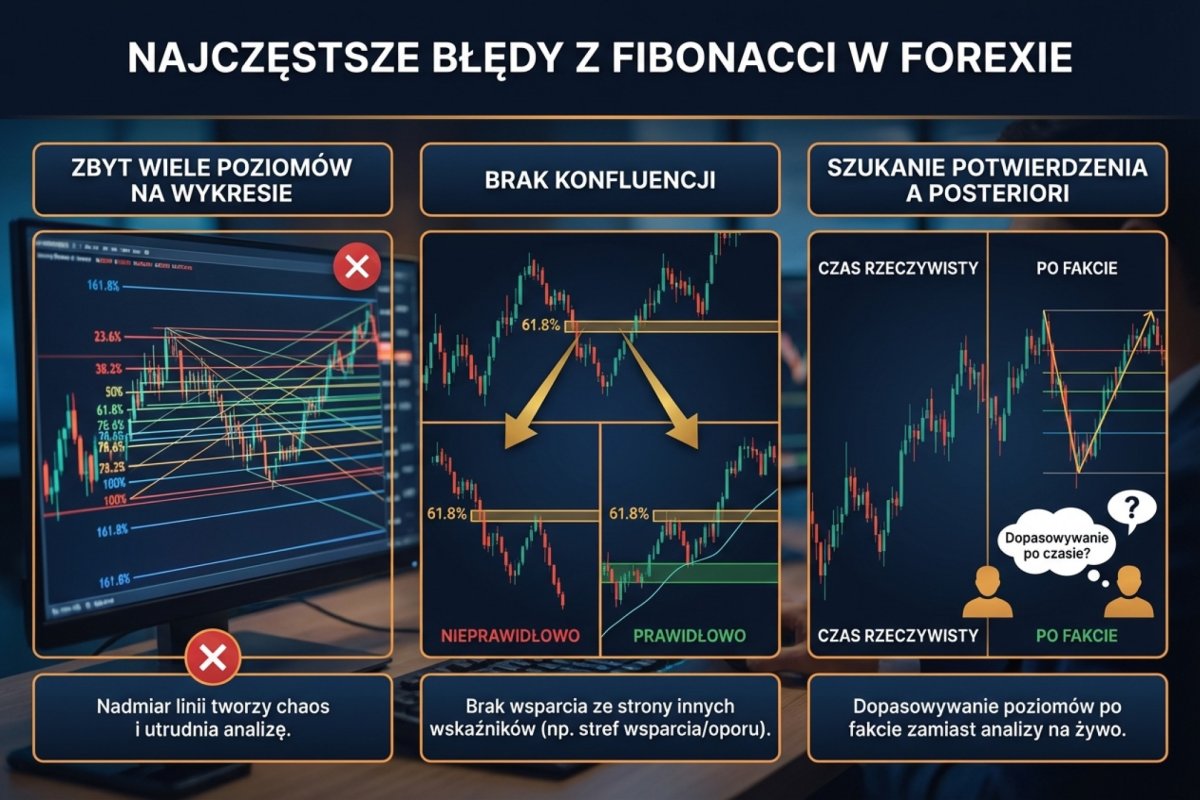 Najczęstsze błędy z Fibonacci — zbyt wiele poziomów na wykresie, brak konfluencji i szukanie potwierdzenia a posteriori