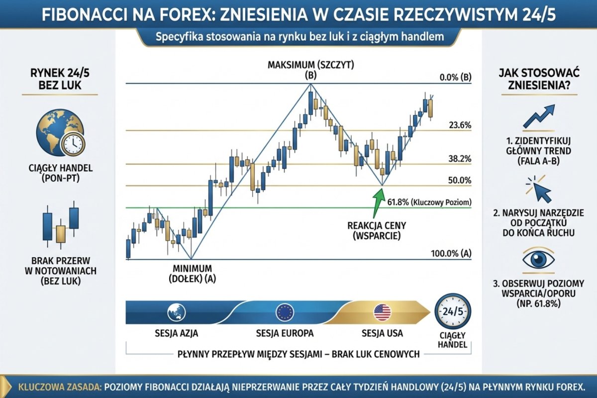 Fibonacci na Forex — specyfika stosowania zniesień na rynku 24/5 bez luk cenowych i z ciągłym handlem między sesjami