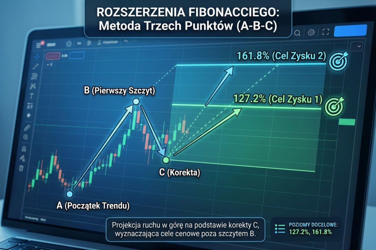 Rozszerzenia Fibonacciego (extension) — metoda trzech punktów A-B-C, poziomy 127.2% i 161.8% jako cele zysku