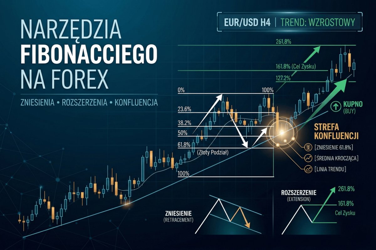Narzędzia Fibonacciego na Forex — zniesienia, rozszerzenia i strefy konfluencji na wykresie cenowym EUR/USD