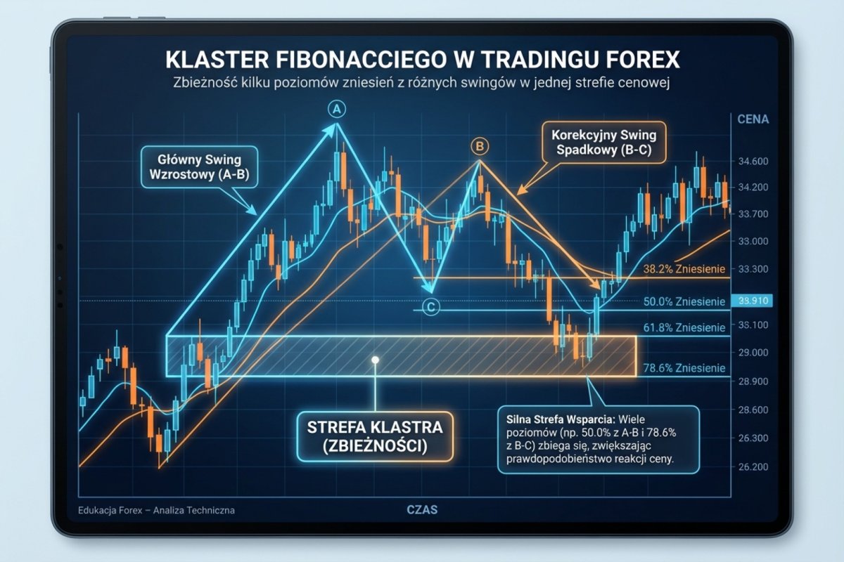 Klaster Fibonacciego — kilka poziomów zniesień z różnych swingów zbiegających się w jednej strefie cenowej