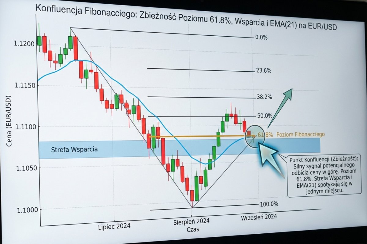 Konfluencja Fibonacci — zbieżność poziomu 61.8% ze strefą wsparcia i EMA(21) na wykresie EUR/USD