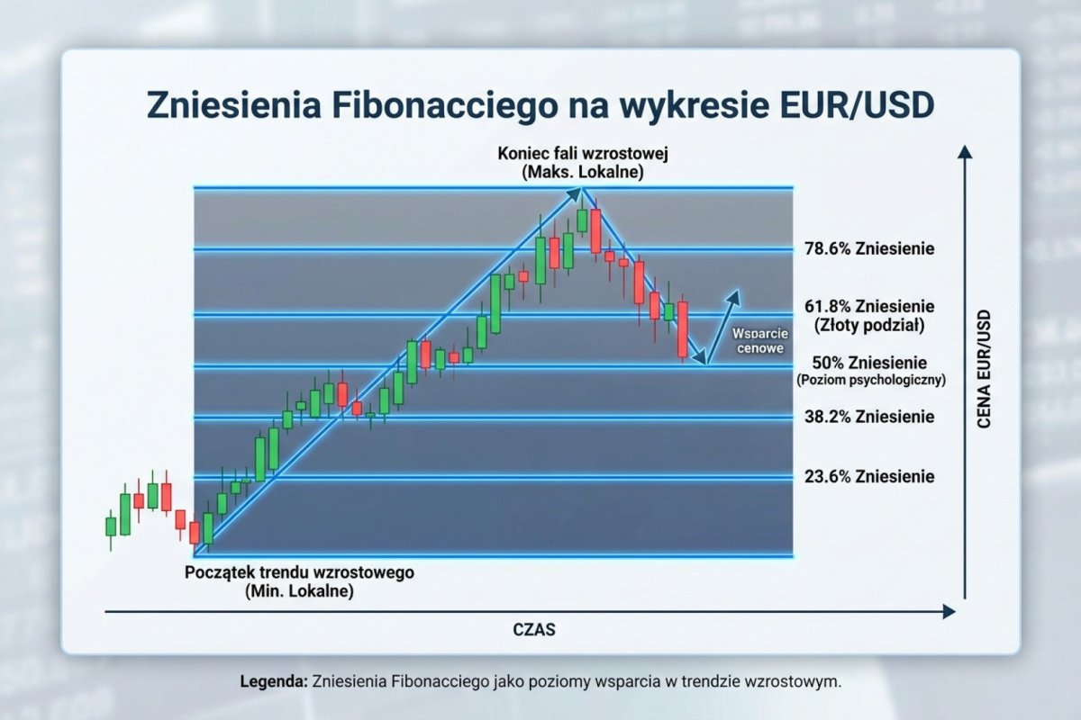 Zniesienia Fibonacciego — poziomy 23.6%, 38.2%, 50%, 61.8% i 78.6% na wykresie EUR/USD w trendzie wzrostowym