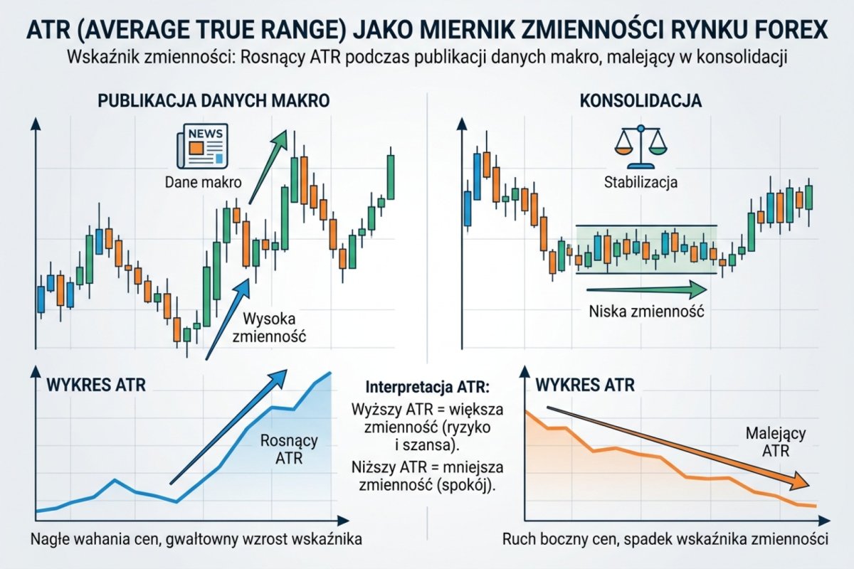 ATR (Average True Range) jako miernik zmienności rynku Forex — wykres ATR rosnący podczas publikacji danych makro i malejący w konsolidacji