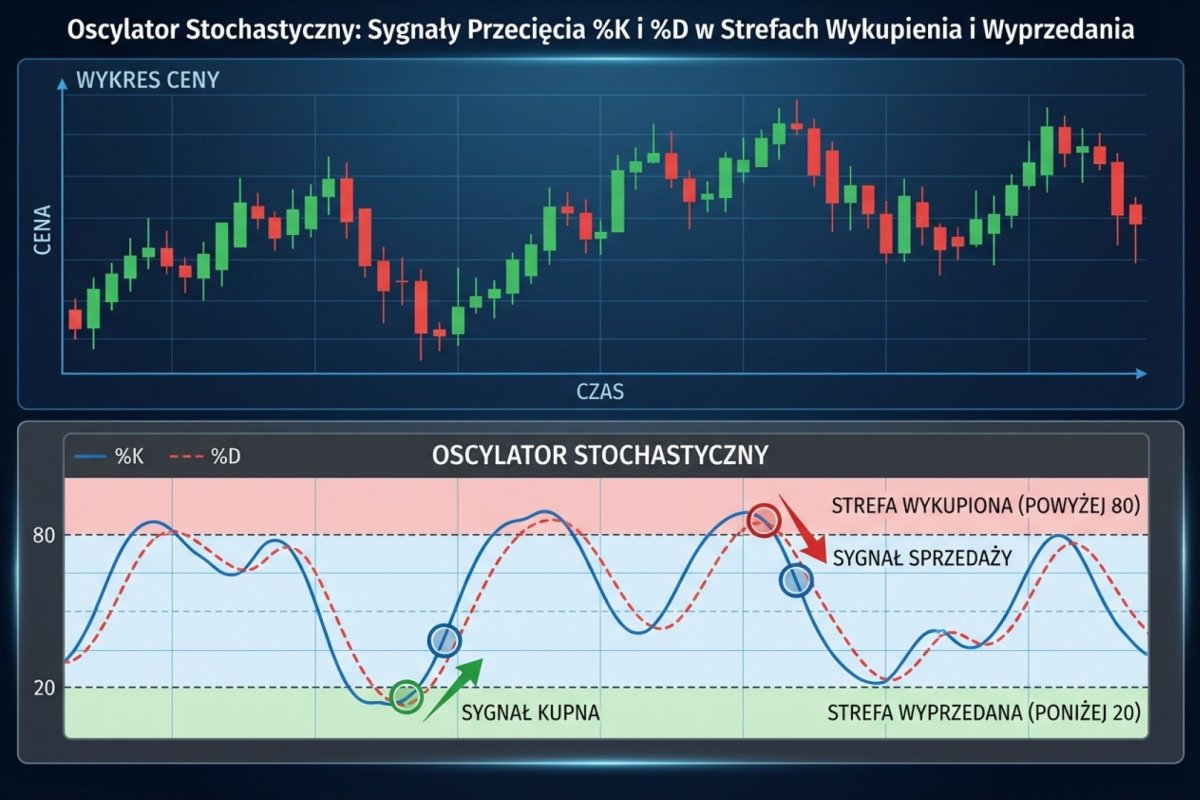 Oscylator stochastyczny — linie %K i %D w strefach wykupienia (powyżej 80) i wyprzedania (poniżej 20) z sygnałami przecięcia
