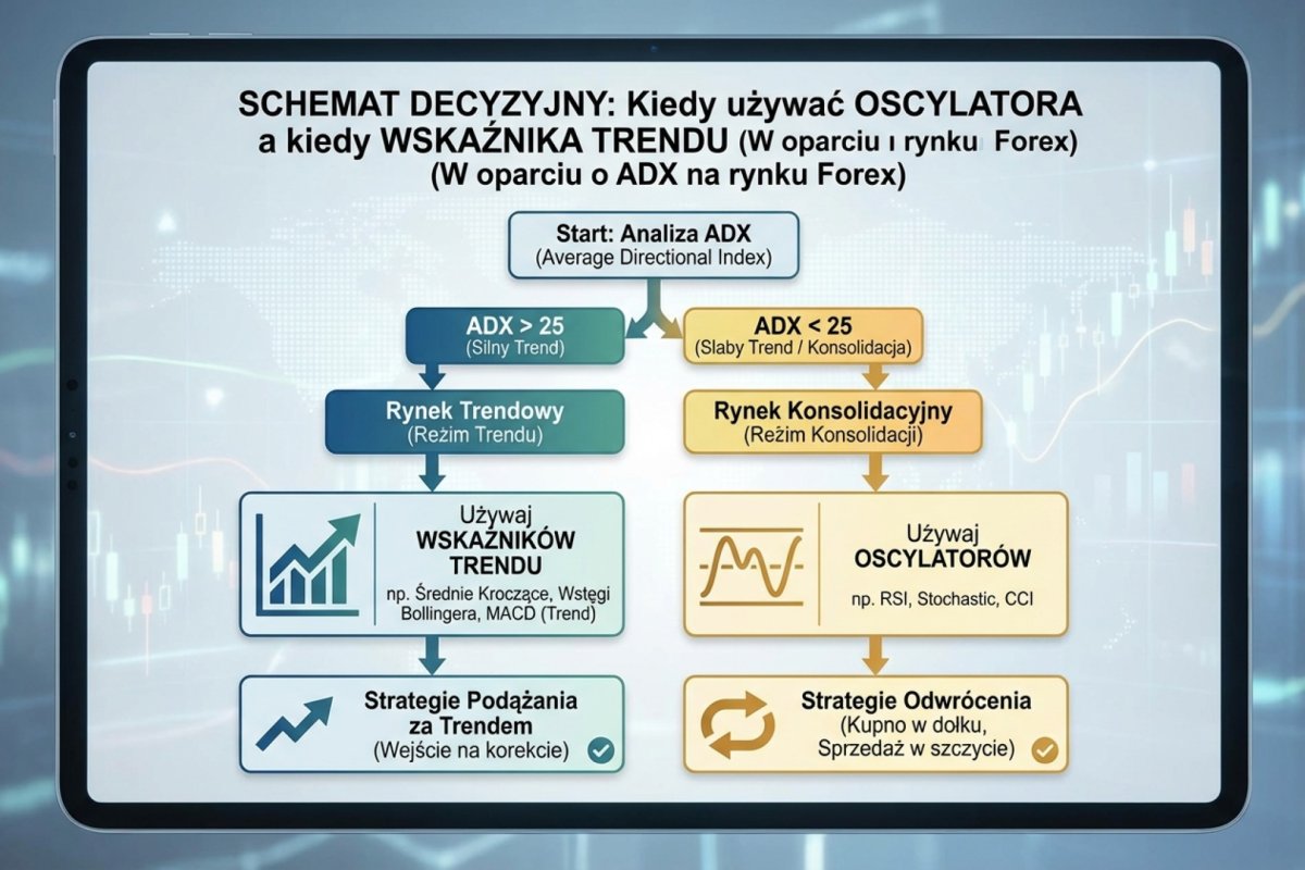 Kiedy używać oscylatora vs wskaźnika trendu — schemat decyzyjny oparty na ADX dla reżimu trendowego i konsolidacyjnego na rynku