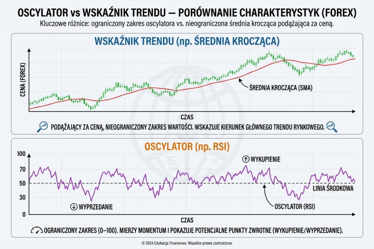 Oscylator vs wskaźnik trendu — porównanie ograniczonego zakresu oscylatora (0–100) z nieograniczoną średnią kroczącą podążającą za ceną
