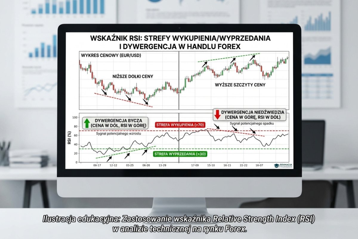 RSI — strefy wykupienia powyżej 70 i wyprzedania poniżej 30, dywergencja niedźwiedzia i bycza na wykresie cenowym