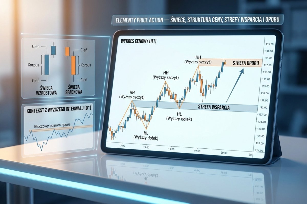 Elementy price action — świece, struktura ceny (HH/HL/LH/LL), strefy wsparcia i oporu oraz kontekst z wyższego interwału