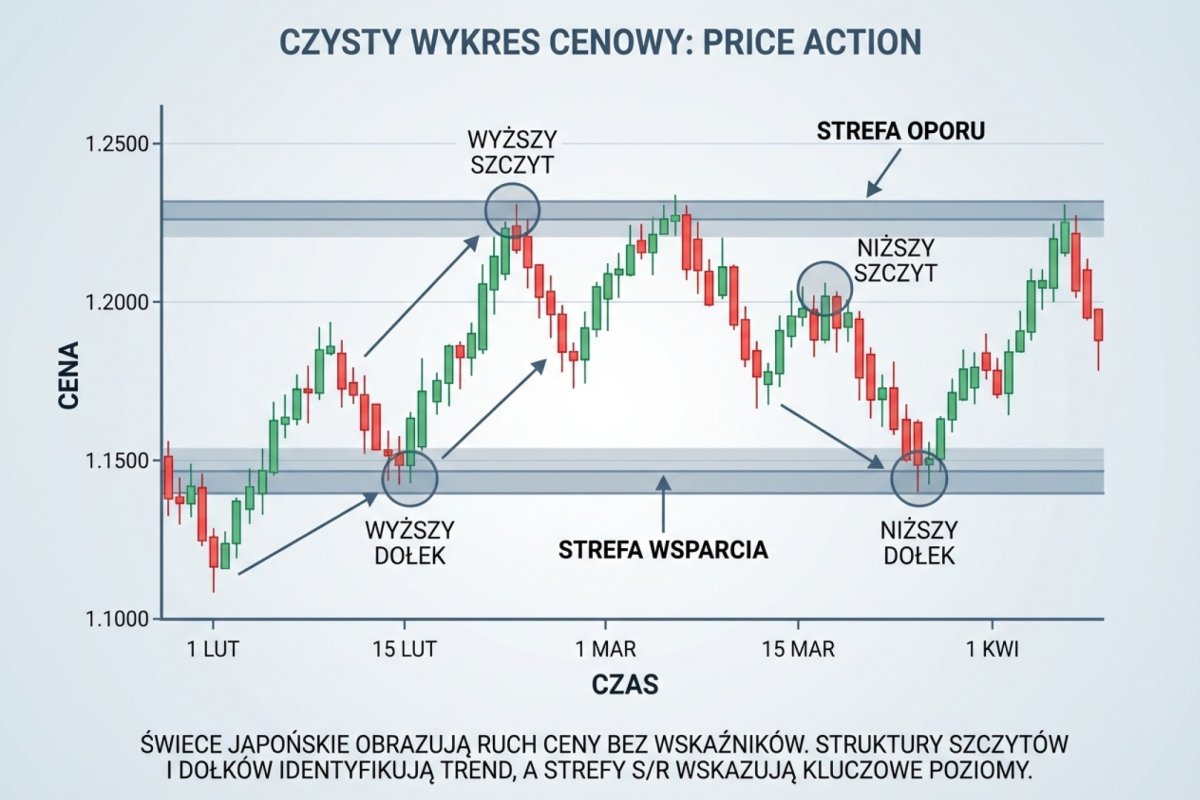 Price action — czysty wykres cenowy bez wskaźników technicznych, tylko świece japońskie, struktury szczytów i dołków oraz strefy S/R