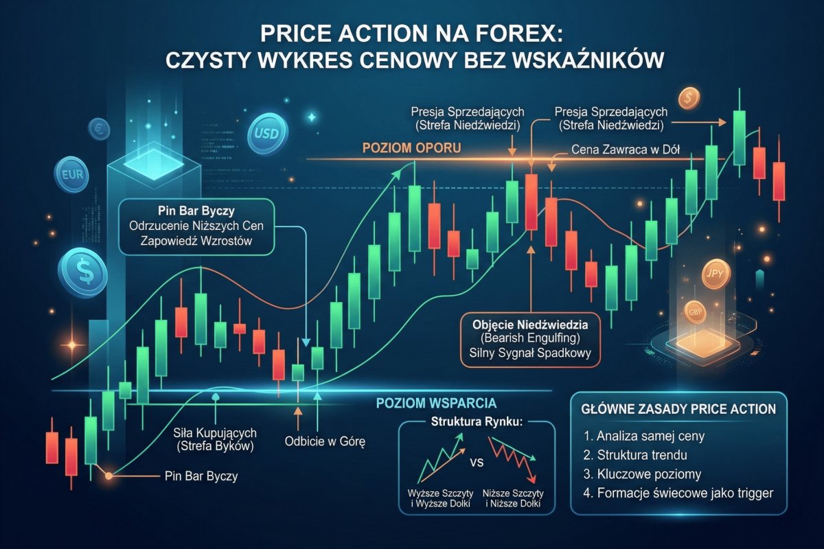 Price action na Forex — czysty wykres cenowy z poziomami wsparcia, oporu i formacjami świecowymi bez wskaźników