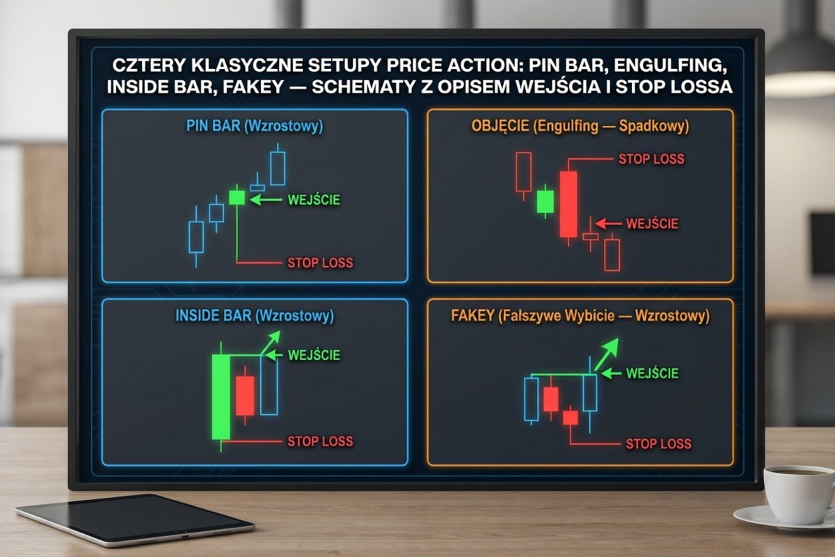 Cztery klasyczne setupy price action: pin bar, engulfing, inside bar, fakey — schematy z opisem wejścia i stop lossa