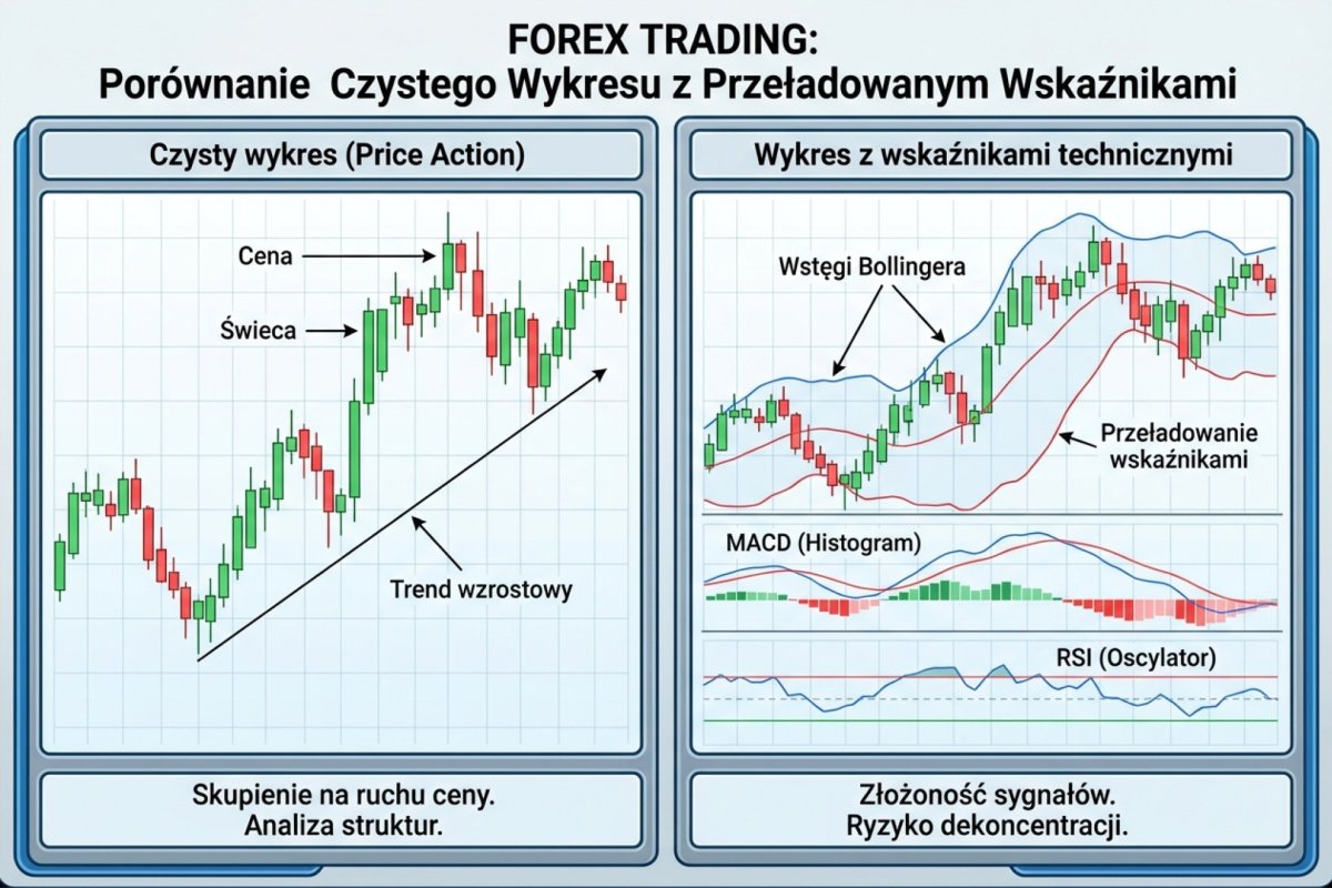 Price action vs wskaźniki techniczne — porównanie czystego wykresu z wykresem przeładowanym wskaźnikami RSI, MACD, Bollinger Bands