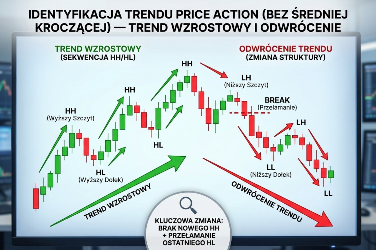 Identyfikacja trendu w price action bez średniej kroczącej — sekwencja HH/HL w trendzie wzrostowym i zmiana struktury przy odwróceniu