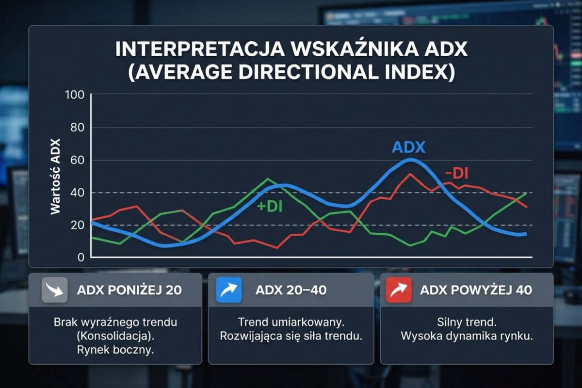 ADX — interpretacja wartości: poniżej 20 brak trendu, 20–40 trend umiarkowany, powyżej 40 silny trend z liniami +DI i -DI
