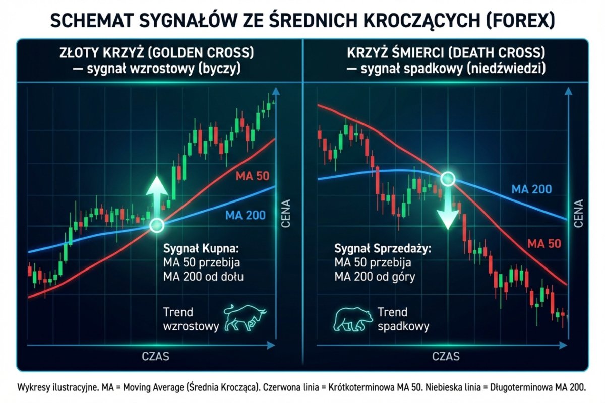 Golden cross (MA 50 przebija MA 200 od dołu) i death cross (MA 50 przebija MA 200 od góry) — schemat sygnałów ze średnich kroczących