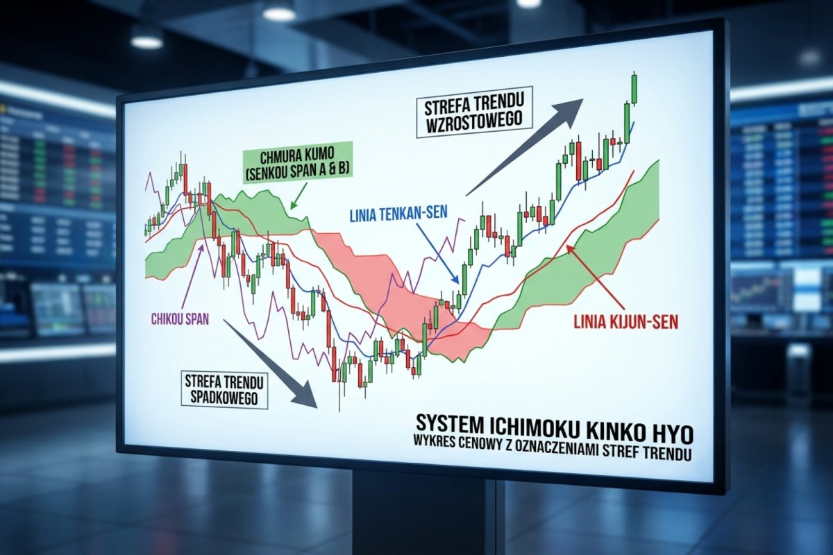 System Ichimoku Kinko Hyo — chmura Kumo, linie Tenkan-sen i Kijun-sen, Chikou Span na wykresie cenowym z oznaczeniami stref trendu