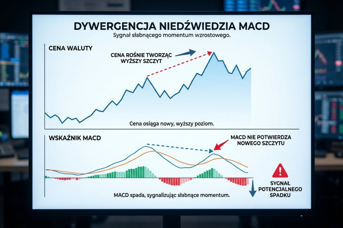 Dywergencja niedźwiedzia MACD — cena rośnie tworząc wyższy szczyt, MACD nie potwierdza nowego szczytu sygnalizując słabnące momentum