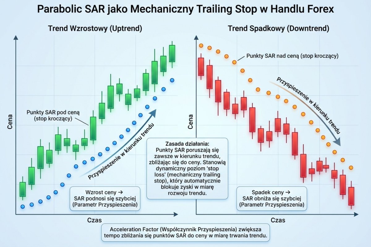 Parabolic SAR jako mechaniczny trailing stop — punkty nad i pod ceną przyspieszające w kierunku trendu z parametrem acceleration factor