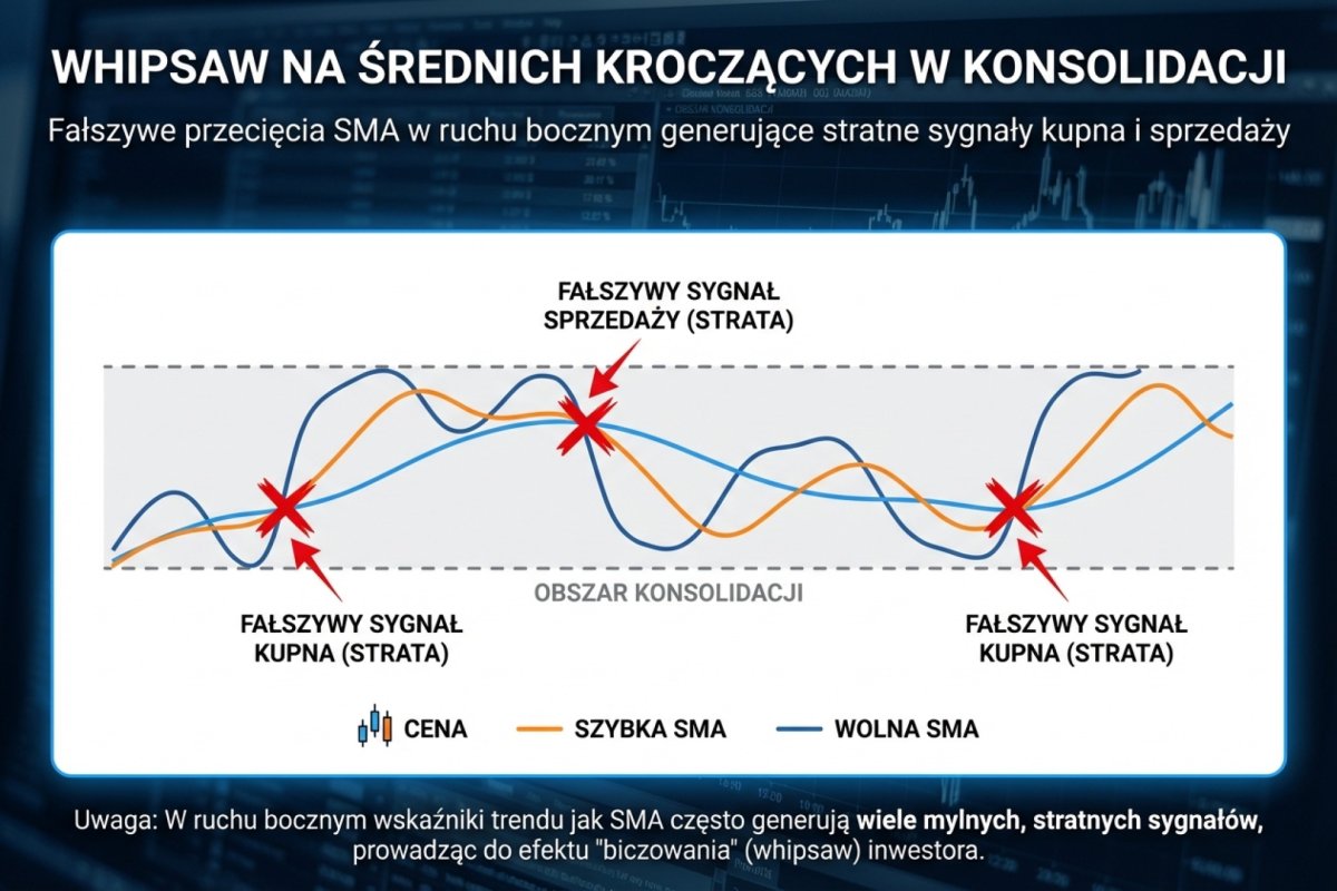Whipsaw na średnich kroczących w konsolidacji — fałszywe przecięcia SMA w ruchu bocznym generujące stratne sygnały kupna i sprzedaży