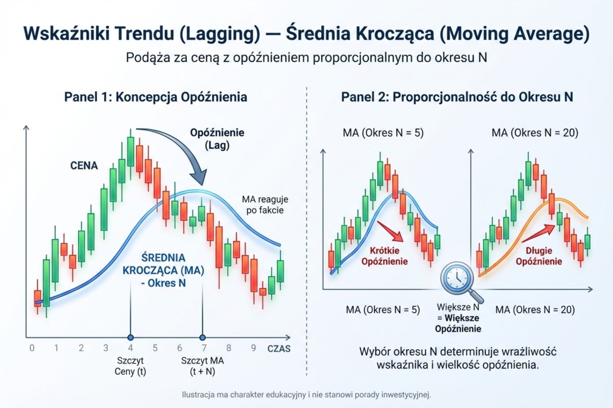 Wskaźniki trendu jako narzędzia opóźnione (lagging) — średnia krocząca podążająca za ceną z opóźnieniem proporcjonalnym do okresu N