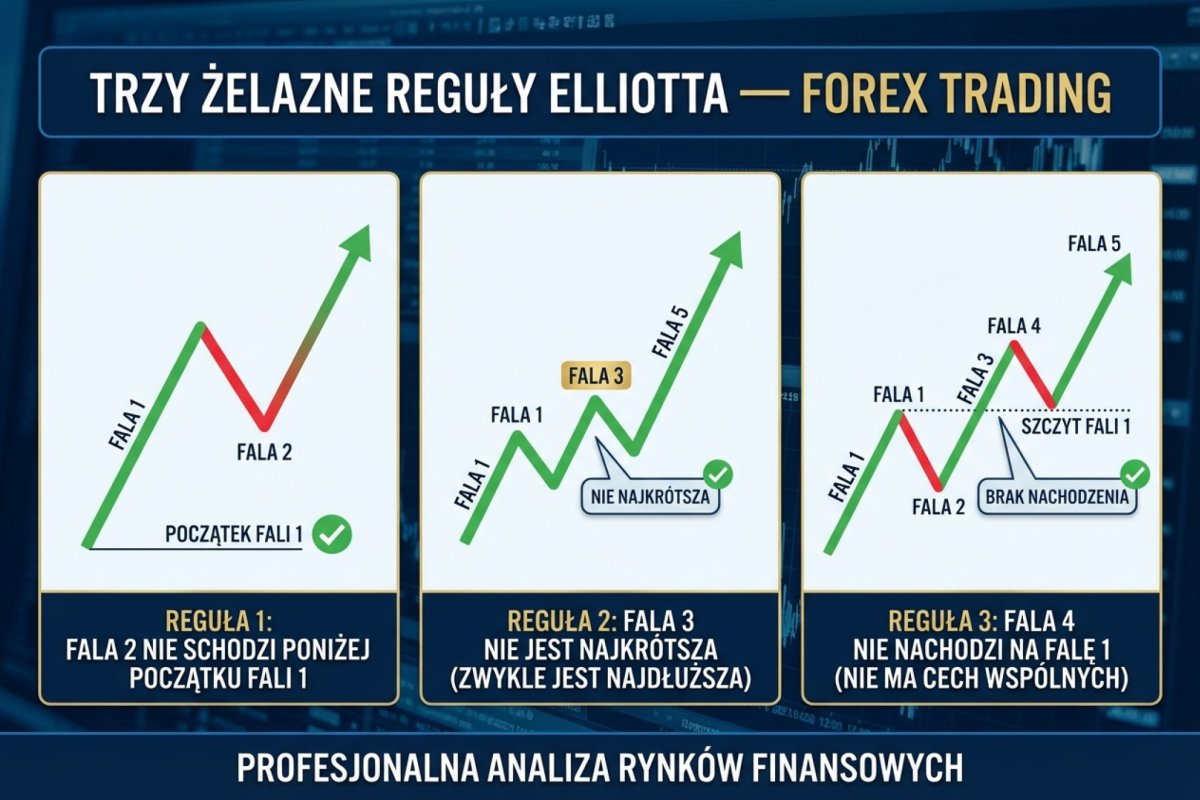 Trzy żelazne reguły Elliotta — fala 2 nie schodzi poniżej początku fali 1, fala 3 nie jest najkrótsza, fala 4 nie nachodzi na falę 1