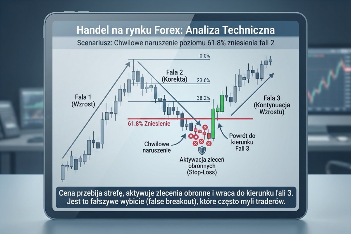 Chwilowe naruszenie poziomu 61.8% zniesienia fali 2 — cena przebija strefę, aktywuje zlecenia obronne i wraca do kierunku fali 3