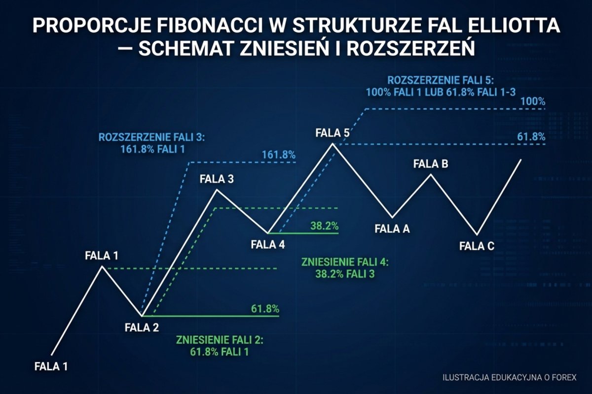 Proporcje Fibonacci w strukturze fal Elliotta — zniesienia fal 2 i 4, rozszerzenia fal 3 i 5 na schemacie