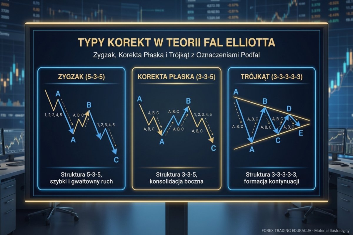 Typy korekt w teorii fal Elliotta — zygzak, korekta płaska i trójkąt z oznaczeniami podfal